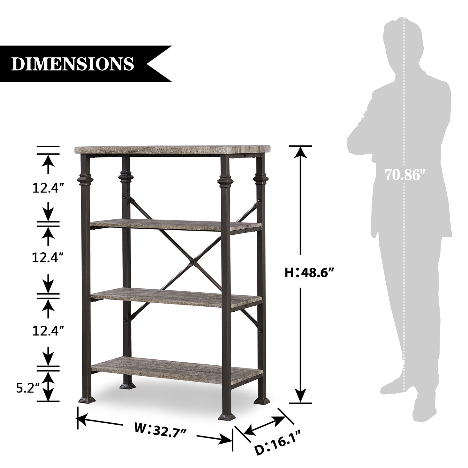Free shipping 4-Tier Bookshelf, Rustic Industrial Style Bookcase Furniture, Free Standing Storage Shelves for Living Room Bedroom and Kitchen, Grey Oak