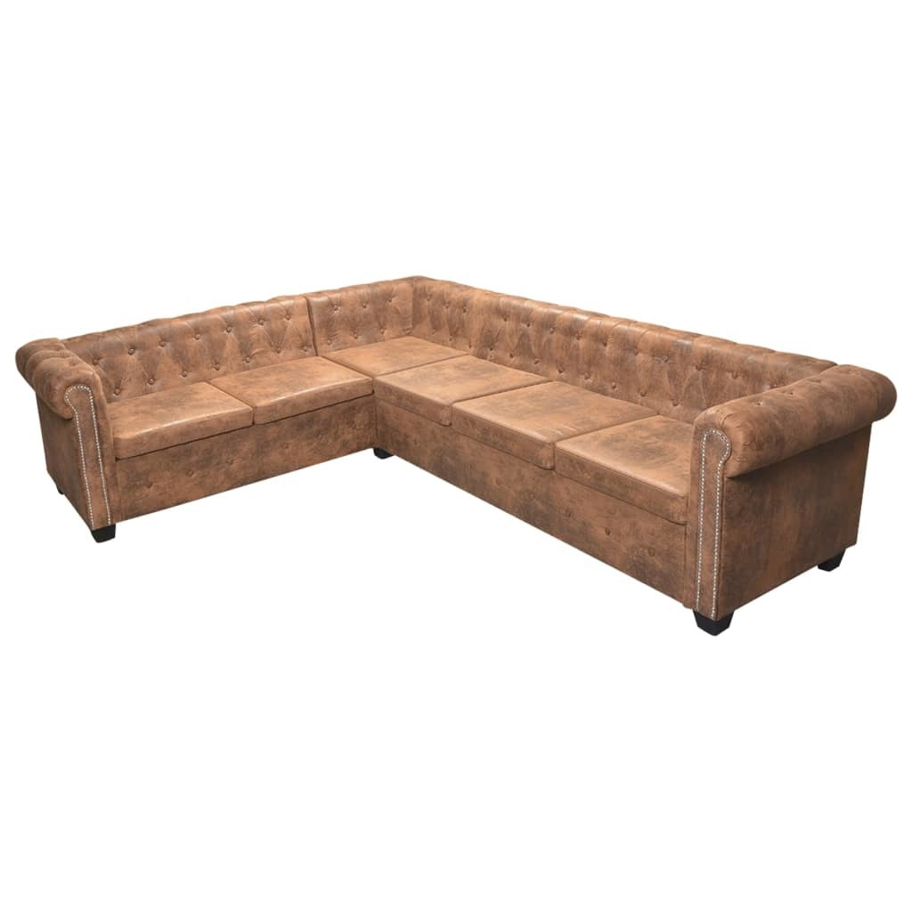 Chesterfield Corner Sofa 6-Seater Brown Faux Leather