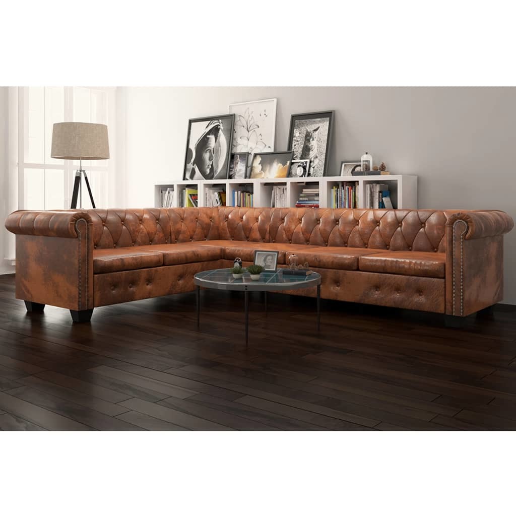 Chesterfield Corner Sofa 6-Seater Brown Faux Leather