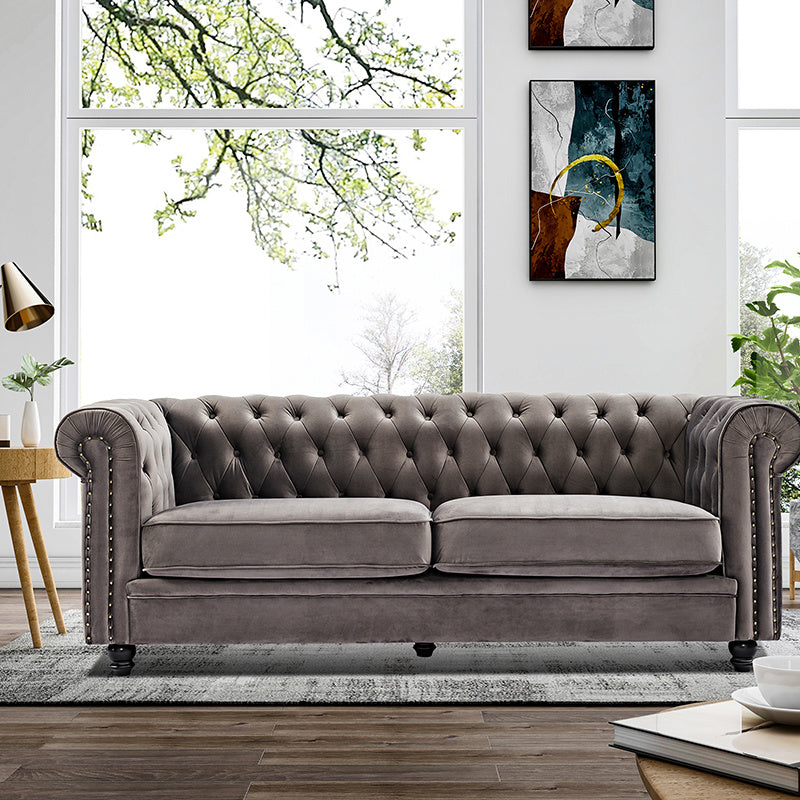 Tufted Performance Velvet Upholstered Chesterfield Sofa with Nailhead Trim dark gray color