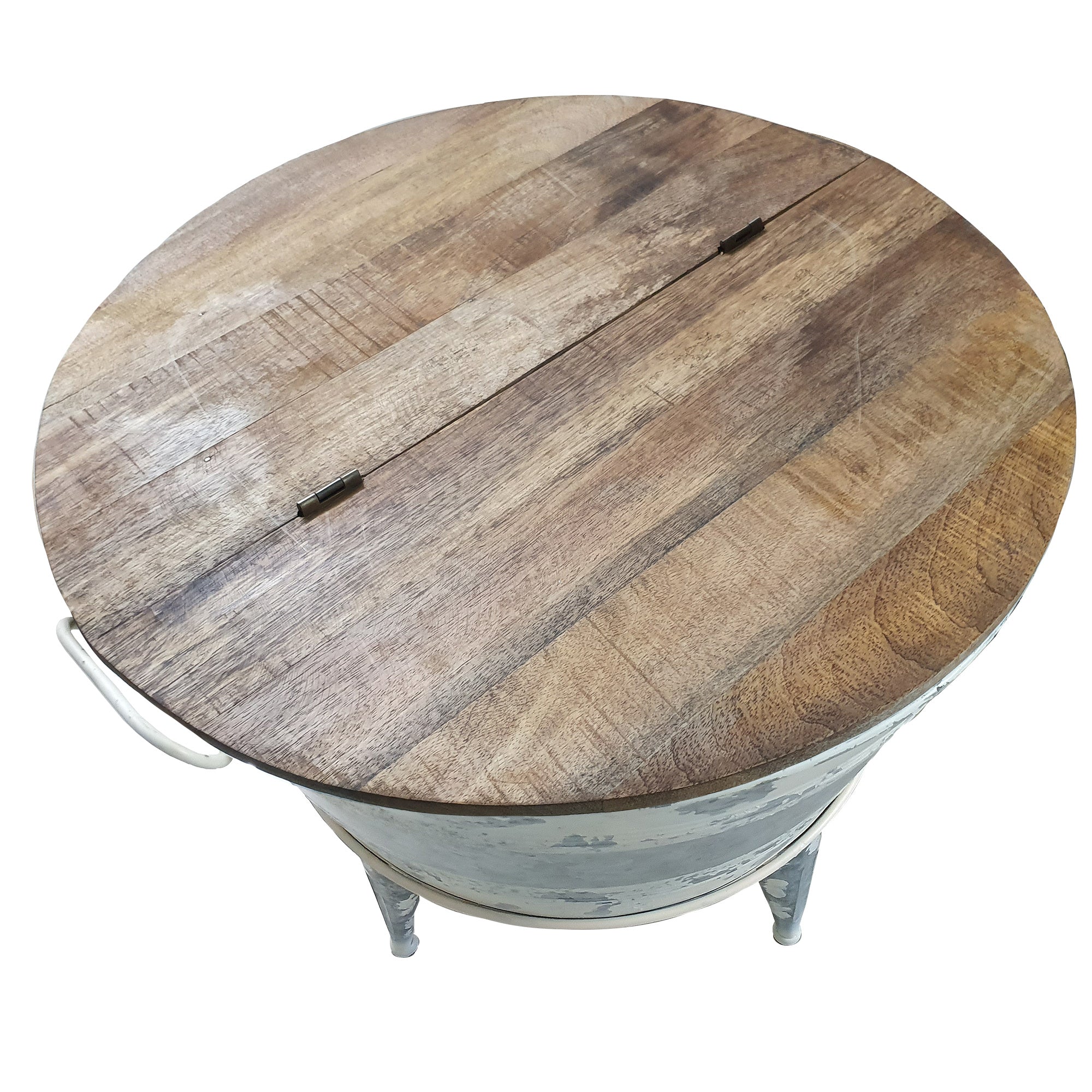 Distressed Metal Frame Cocktail Table with Hinged Lift Top Storage, Brown and Gray