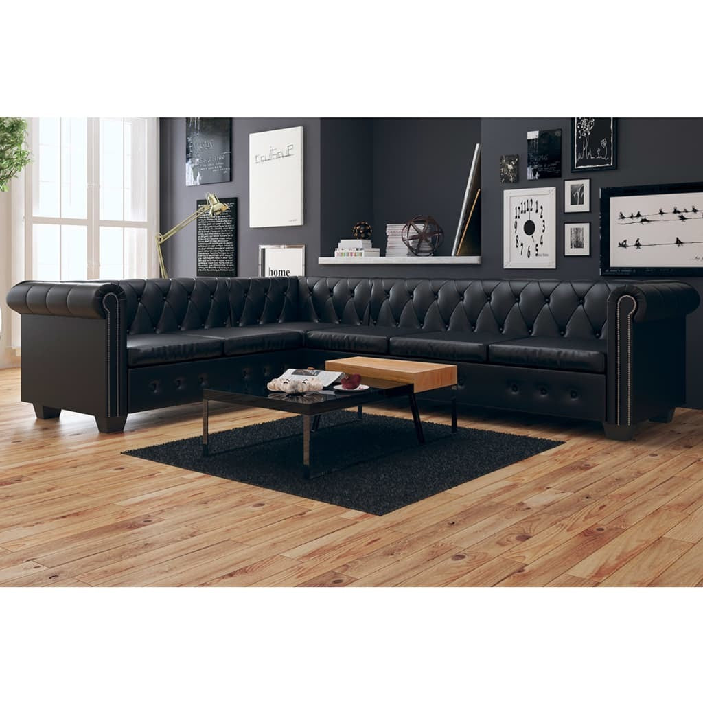 Chesterfield Corner Sofa 6-Seater Black Faux Leather