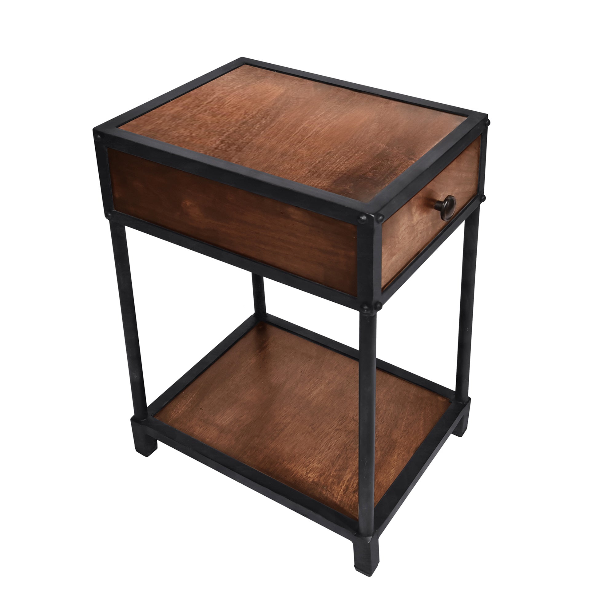 Metal Framed Mango Wood End Table with Drawer and Open Base, Brown and Black