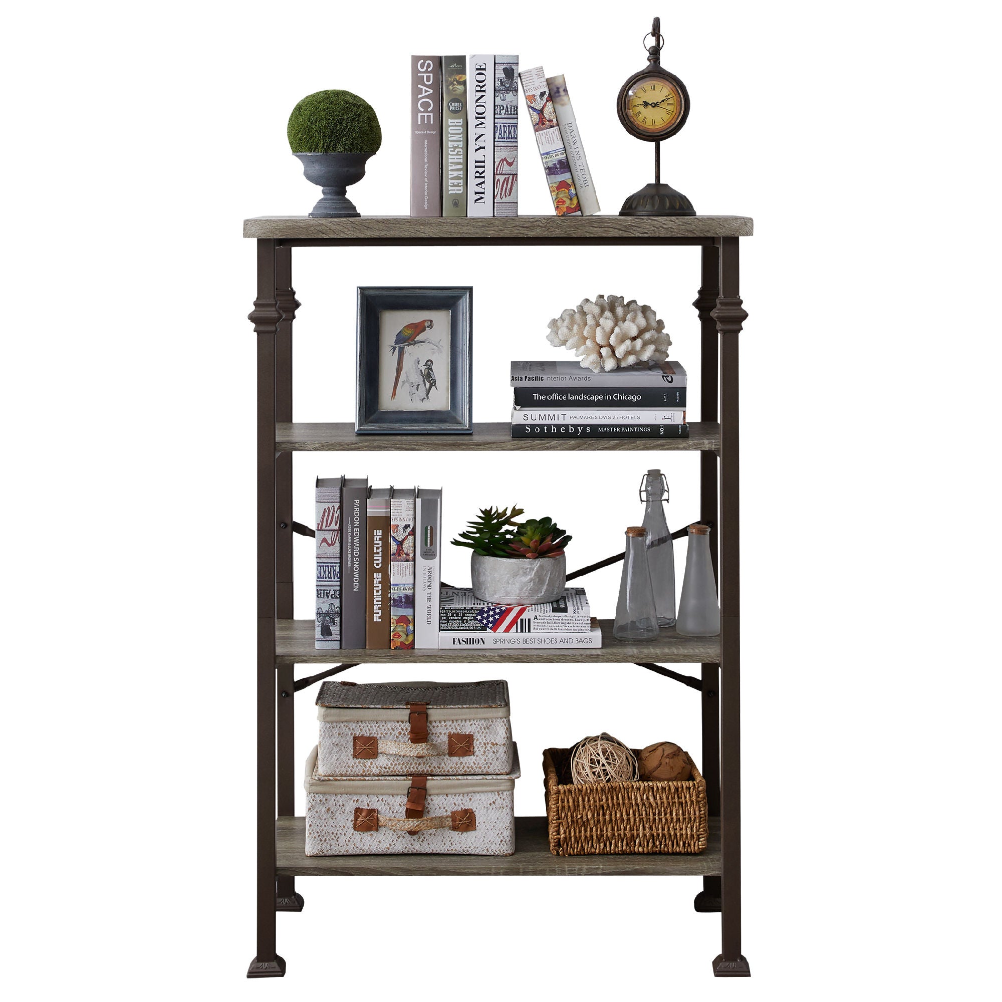 Free shipping 4-Tier Bookshelf, Rustic Industrial Style Bookcase Furniture, Free Standing Storage Shelves for Living Room Bedroom and Kitchen, Grey Oak